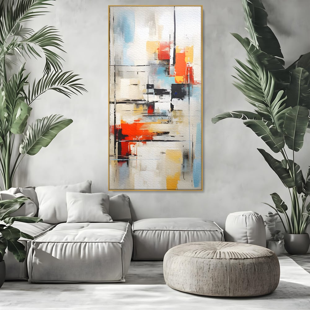 Tablou canvas cu pictura abstracta cu linii si pete, in rama de aluminiu auriu, pe perete intr-un living